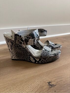 White House Black Market Black and White Snake-Print Wedge Sandals